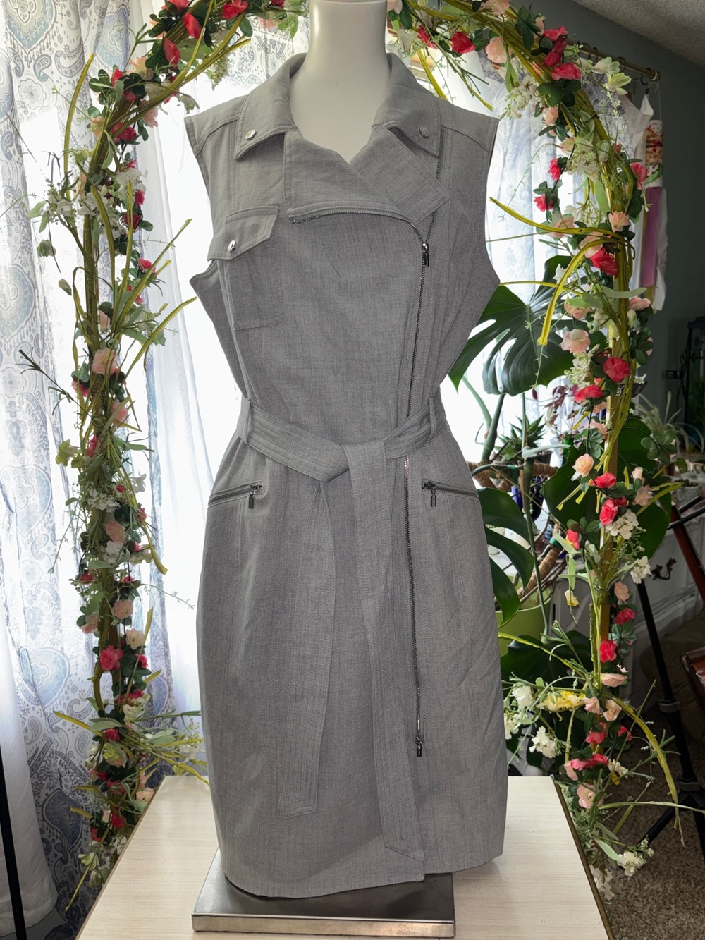 Calvin Klein Gray Tie Waist Moto Asymmetrical Zipper Dress Womenās Size 14